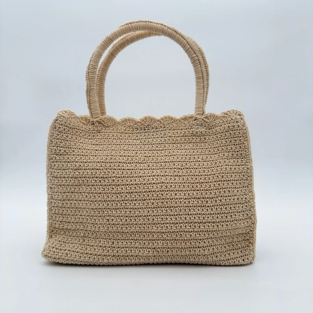 Crochet Straw Tote Bag Beige Woven Top‎ Handle Purse Coin Pouch Boho Summer
